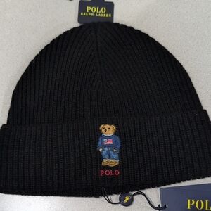 Ralph Lauren Black Beanie with Polo Bear Detail
